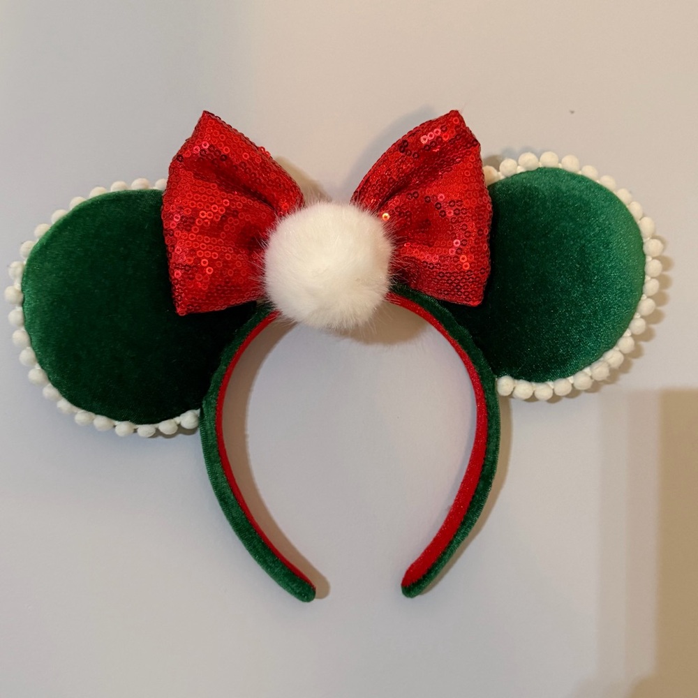 Disney Parks Christmas Pom Pom BowGreen Velvet Minnie Ears Headband